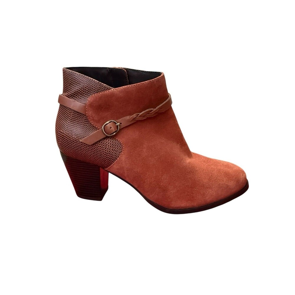 Diba Katch Cognac Suede Leather Ankle Booties Size 9M Boho Western Snake Skin